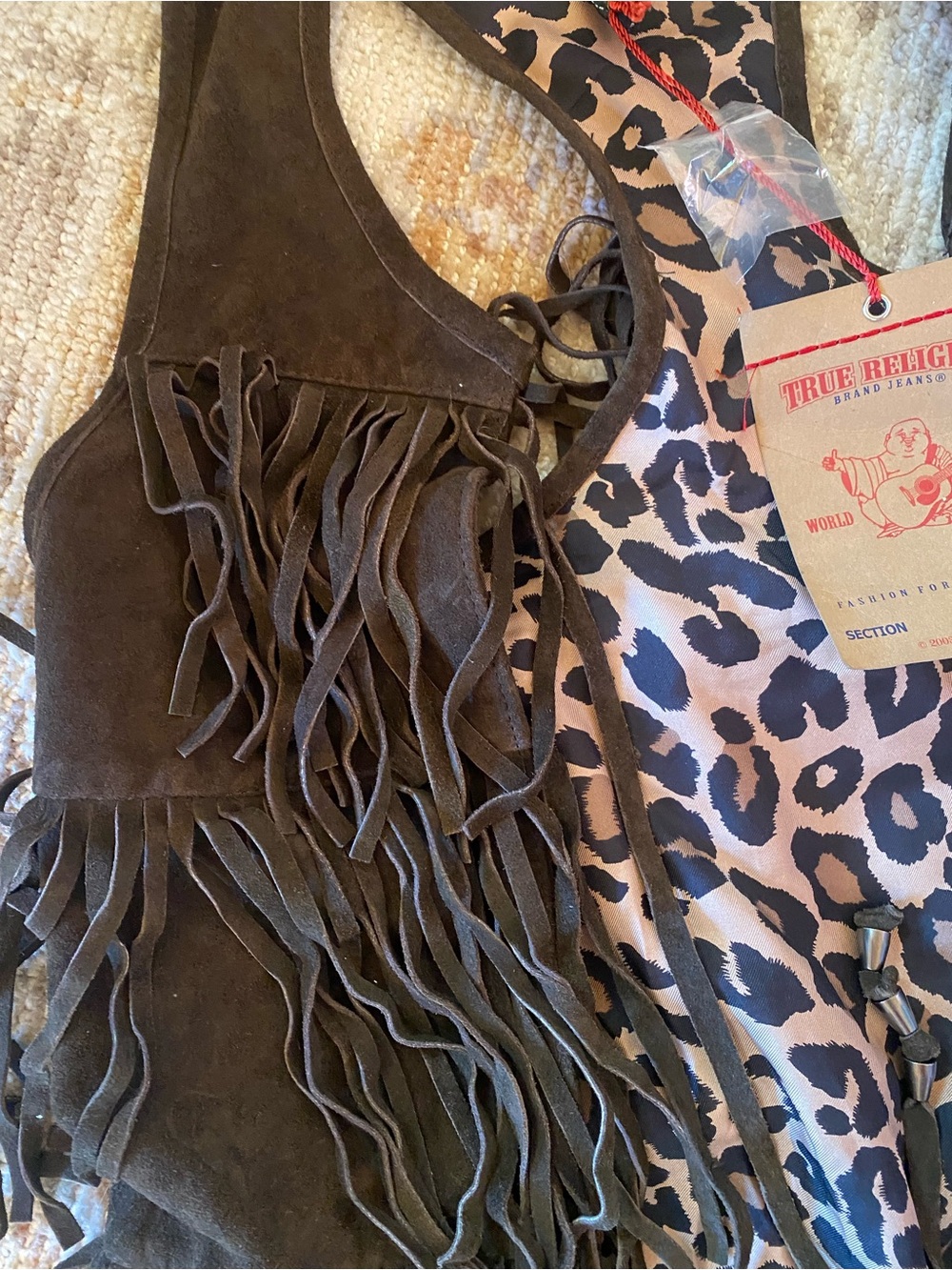 True Religion Dark Brown l genuine leather Fringe Vest with Leopard Lining - Picture 3 of 3